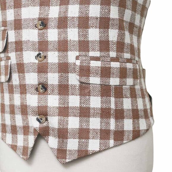 Mens Vest 44R Brown Beige Plaid Check Waistcoat XL Western Casual Preppy Party - Picture 6 of 9